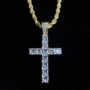EXCLUSIVE 18K GOLD ROPE CHAIN CROSS LAB DIAMONDS PENDANT NECKLACE MADE IN ITALY